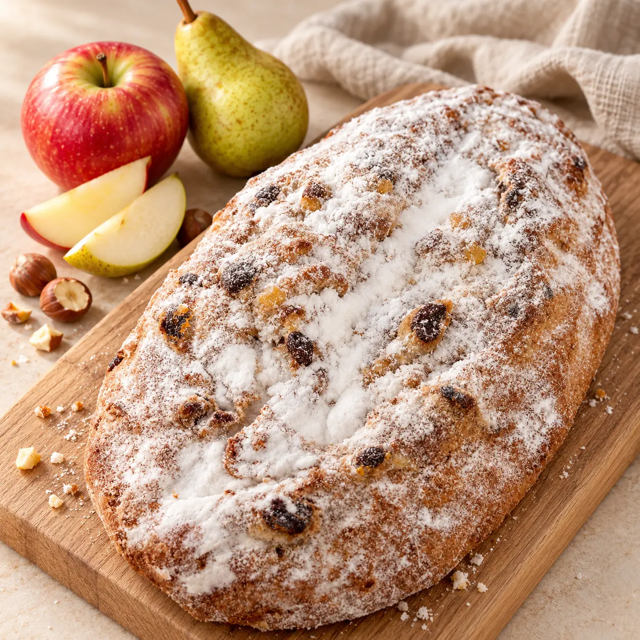 Apfel-Birnen-Stollen mit Puderzucker auf einem Holzbrett, daneben Apfel, Birne und Haselnüsse