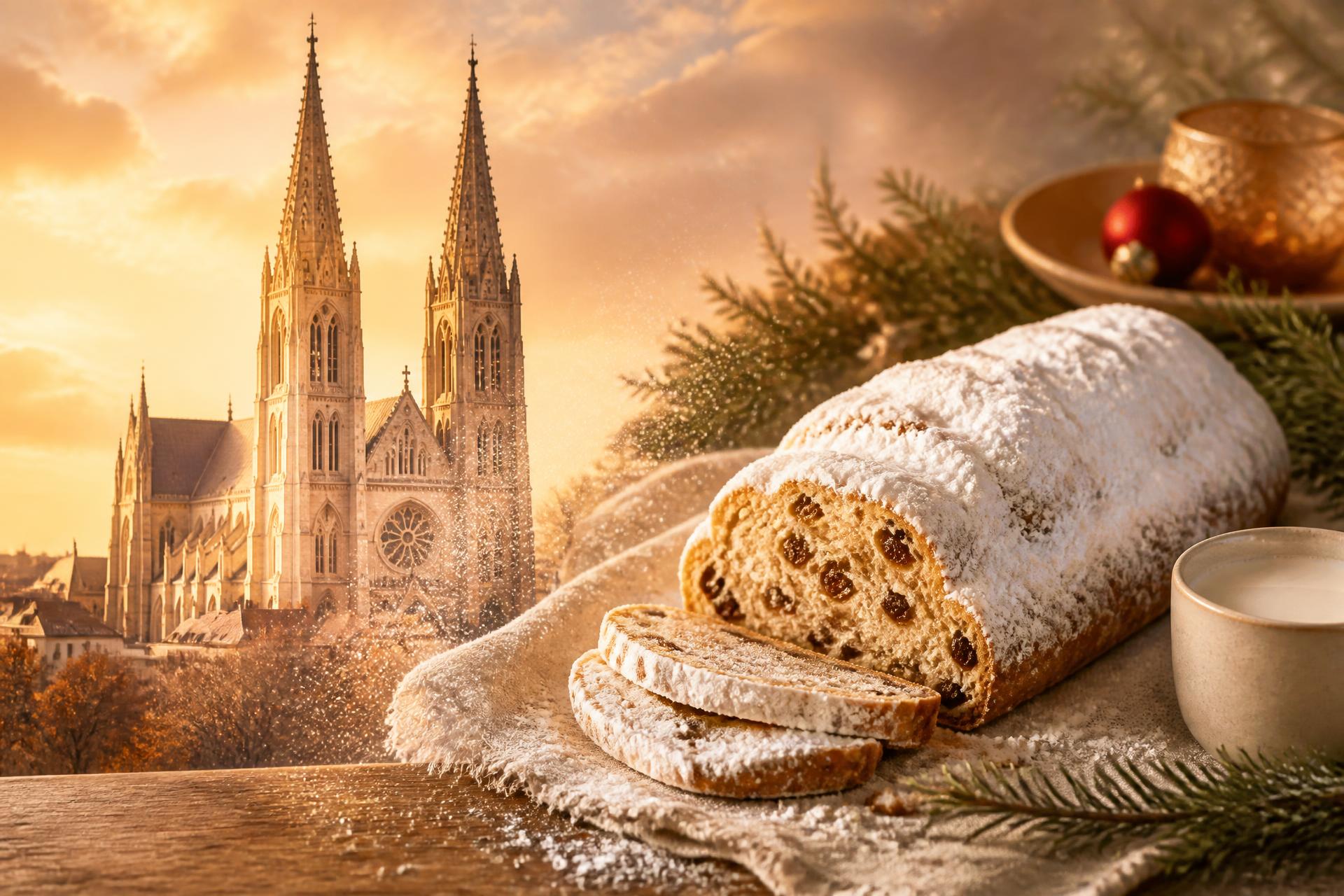 Der Halberstädter Dom im warmen Goldlicht neben einem frisch gebackenen, mit Puderzucker bedeckten Domstollen
